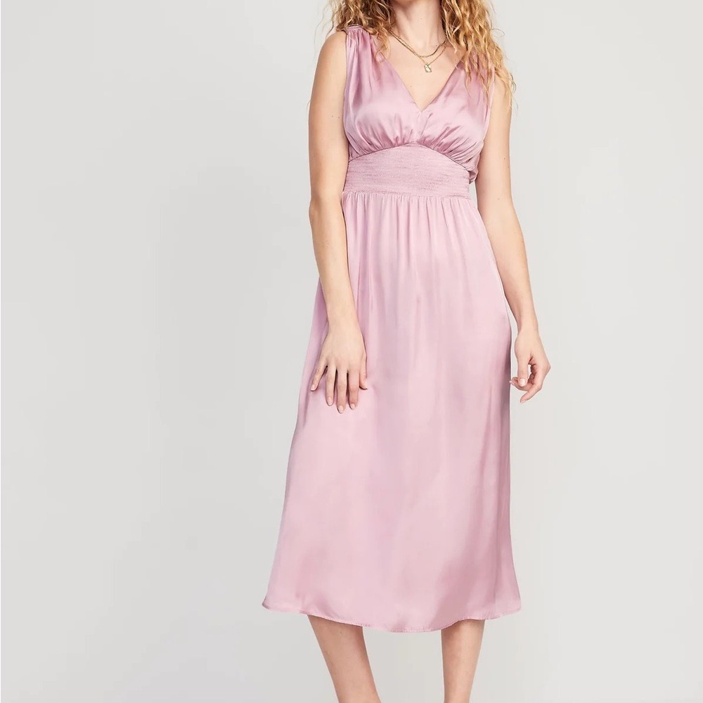 Old Navy Satin V-Neck Smocked Waist Midi Dress Sleeveless Tie Back Size XXL NWT